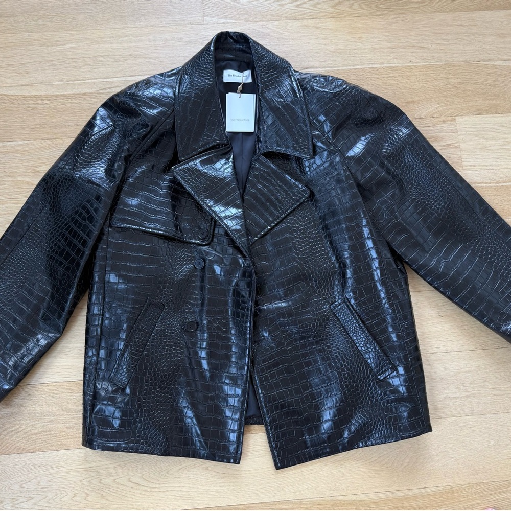 The Frankie Shop Black Croc-Effect Leather Jacket